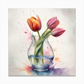 Watercolor Tulips In A Vase Canvas Print