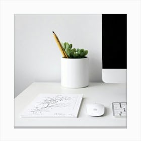 Scandinavian Minimalist Workspace Featuring A Sharpened Pencil Atop A White Ergonomic Mouse Pad Fla Canvas Print