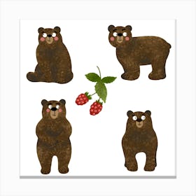 Set of brown bears with raspberries Canvas Print