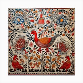 Pheasants In The Forest Madhubani Painting Indian Traditional Style Canvas Print