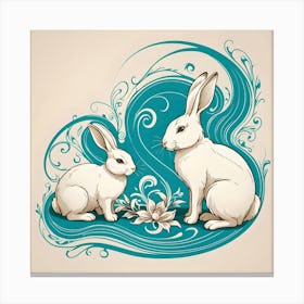 Two White Rabbits on Turquoise and Beige Background Canvas Print