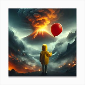 A Boy Wearing A Yellow Rain Coat Holding A Red Ballon, Standing In Front Of A Smokey Volcano, Digital Art 4 Canvas Print