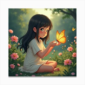 A Girl Sitting In A Garden, Holding A Glowing Butterfly, With Flowers Blooming Around Her Canvas Print