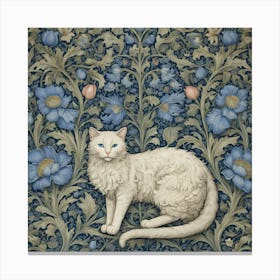 White Cat With Blue Flowers william morris inspired art 1 Canvas Print