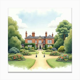 Watercolor Scene Of The Chiswick House In London, Showcasing Its Historic Charm And Beautiful Grounds Canvas Print