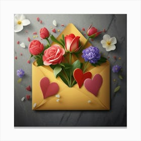 An open red and yellow letter envelope with flowers inside and little hearts outside 9 Canvas Print