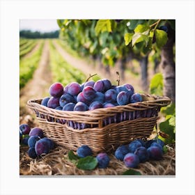 Plums In Basket In Vineyard Canvas Print