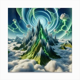 3 Dimensional Mountains With Multiple Green Lightning And White Swirls In A Vortex Of Clouds 2 Canvas Print