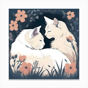 Silhouettes Of Cats In The Garden At Night, White, Cream And Blue Canvas Print