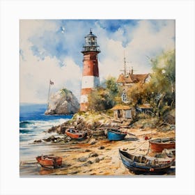 watercolor drawing of an old lighthouse and boats overlooking the beach with a blue sky Canvas Print