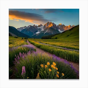 Field Purple Flowers With Mountain Background Canvas Print