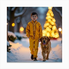 Boy And Dog In The Snow 2 Canvas Print