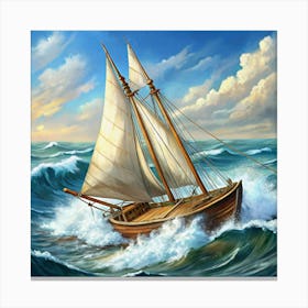 Wooden Sailing Ship On Rough Waves Canvas Print