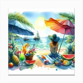 Watercolor Of A Woman On The Beach Canvas Print