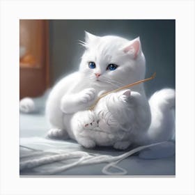 A Little White Cat Playing With Knitting Canvas Print