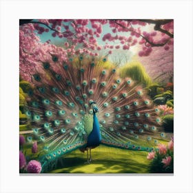 A Majestic Peacock Displaying Its Colorful Feathers In A Lush, Springtime Botanical Garden Stampe su tela