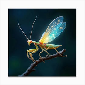 A Whimsical Mantis With Wings Of Glowing, Fractal Light Perched On A Celestial Twig 1 Canvas Print