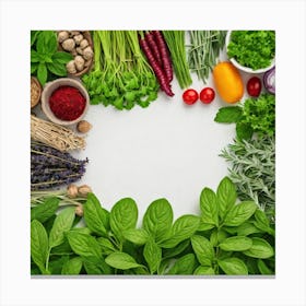 Top View Of Fresh Herbs On White Background Canvas Print