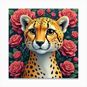 Cheetah With Vibrant Roses 1 Canvas Print