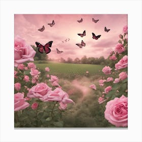 Pink Roses And Butterflies Canvas Print