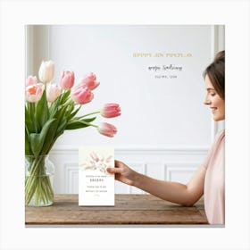 A Minimal And Decorated Nature Inspired Invitation Card A Woman In A Pastel Pink Top Is Gently Layi (1) Canvas Print