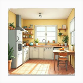 Bright Watercolor Kitchen, Warm And Cheerful Atmosphere 1 Canvas Print