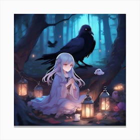 Anime Girl with Crow Canvas Print