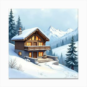 Cozy Ski Lodge In Watercolor, With Snow Covered Slopes And Warm Interiors Canvas Print