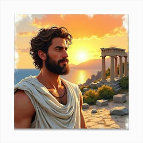 Watercolor Scene Of A Charming Greek Man With A Picturesque Sunset Over Ancient Ruins 1 Canvas Print