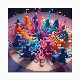 Group Of People Sitting In Circle, Colorful Abstract Shapes Connecting Them Canvas Print