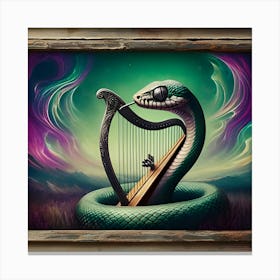 A Hypnotic Snake Playing A Silver Harp, Inspired By The Dreamlike Paintings Of Hieronymus Bosch, With A Mystical Purple And Green Palette, Where The Snake Is In Focus And The Surrounding Landscape Is Blurred Into Dreamlike Shapes, Canvas Print