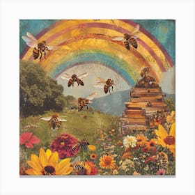 Kitsch Bee Rainbow Floral Collage Canvas Print