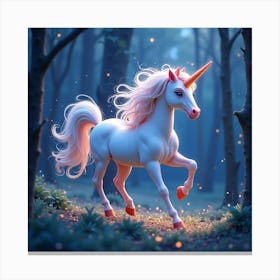 A Whimsical Unicorn With A Mane Of Flowing, Celestial Stardust Galloping Through A Twilight Forest Canvas Print