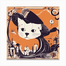 A Silhouette Of A Cat Wearing A Black Hat And Laying On Her Back On A Orange Screen, In The Style Of (1) Canvas Print