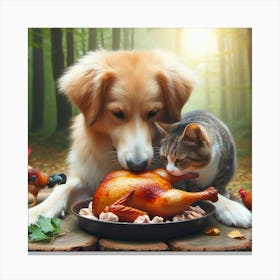 Cat And Dog Eating Turkey Canvas Print