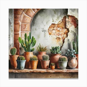 Watercolor painting of an old, weathered wall with cracked stone and peeling paint. The background features various sizes and shapes of terracotta pots on the shelf below. Each pot is filled with vibrant cacti or succulents, 5 Canvas Print