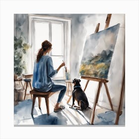 Watercolor Artist With Dog Canvas Print