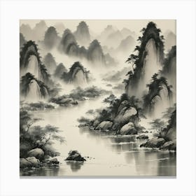 A traditional Chinese ink painting of a river, with delicate brushstrokes and a monochromatic color scheme, capturing the essence of nature and the flow of life. 1 Canvas Print