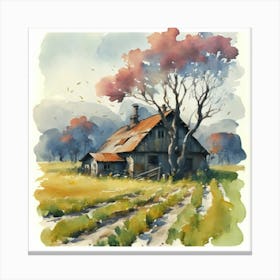 Watercolor Of A Farmhouse Canvas Print