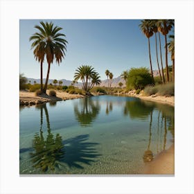 A Tranquil Desert Oasis With Palm Trees, Clear Water, And Blooming Flowers 2 Canvas Print