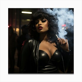 A Smoking Hot Voluptuous Sexy Black Woman In A Black Latex Dress Smoke in Back Ground - Created by Midjourney Canvas Print