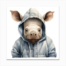 Watercolour Cartoon Rhinoceros In A Hoodie 3 Canvas Print