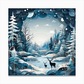 Winter Landscape With Deer 3 Canvas Print