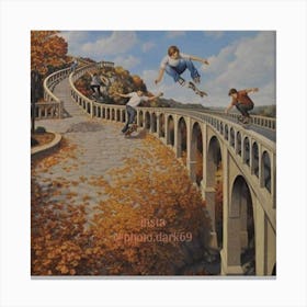 Skateboarders On A Bridge Canvas Print
