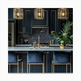 An Art Deco Themed Kitchen With Navy Blue Cabinets Featuring Gold Handles And Accents Leinwandbild