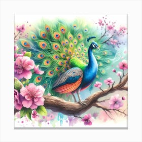 Peacock On A Branch Canvas Print