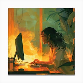 Girl Working On Computer Canvas Print