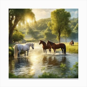 Horses In The Stream 2 Canvas Print