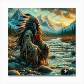 Oil Texture Native American Warrior By Stream 4 Canvas Print