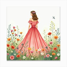 Lovely Dress In Watercolor, Amidst A Vibrant Floral Meadow 1 Canvas Print